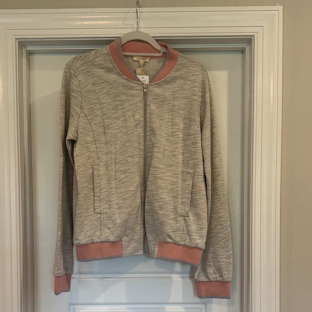 Mystree Heathered Bomber Jacket with Pink Accents